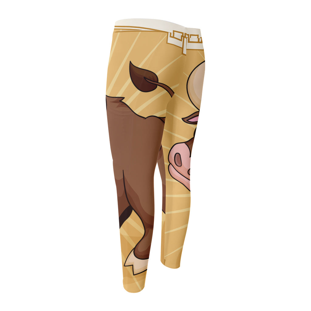 Cute Chinese Ox Zodiac Print Men's Compression Pants