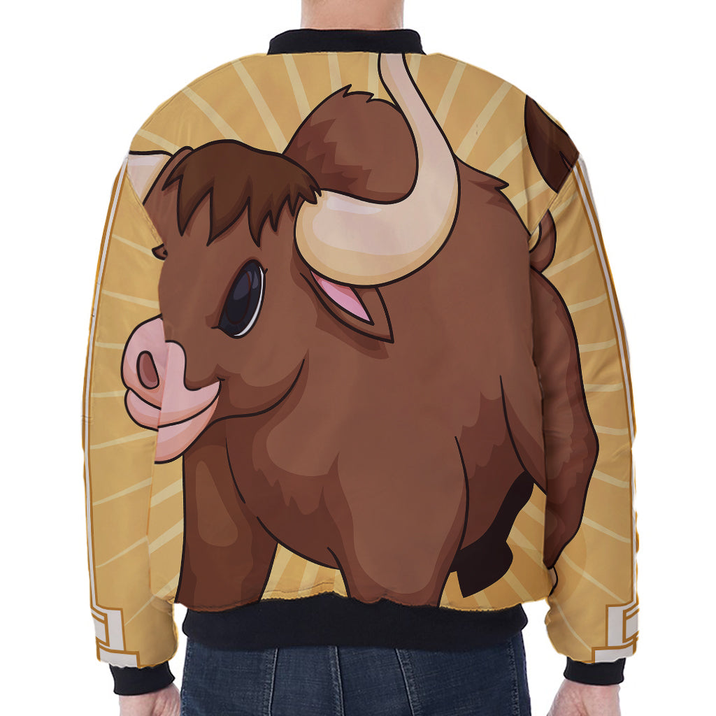 Cute Chinese Ox Zodiac Print Zip Sleeve Bomber Jacket