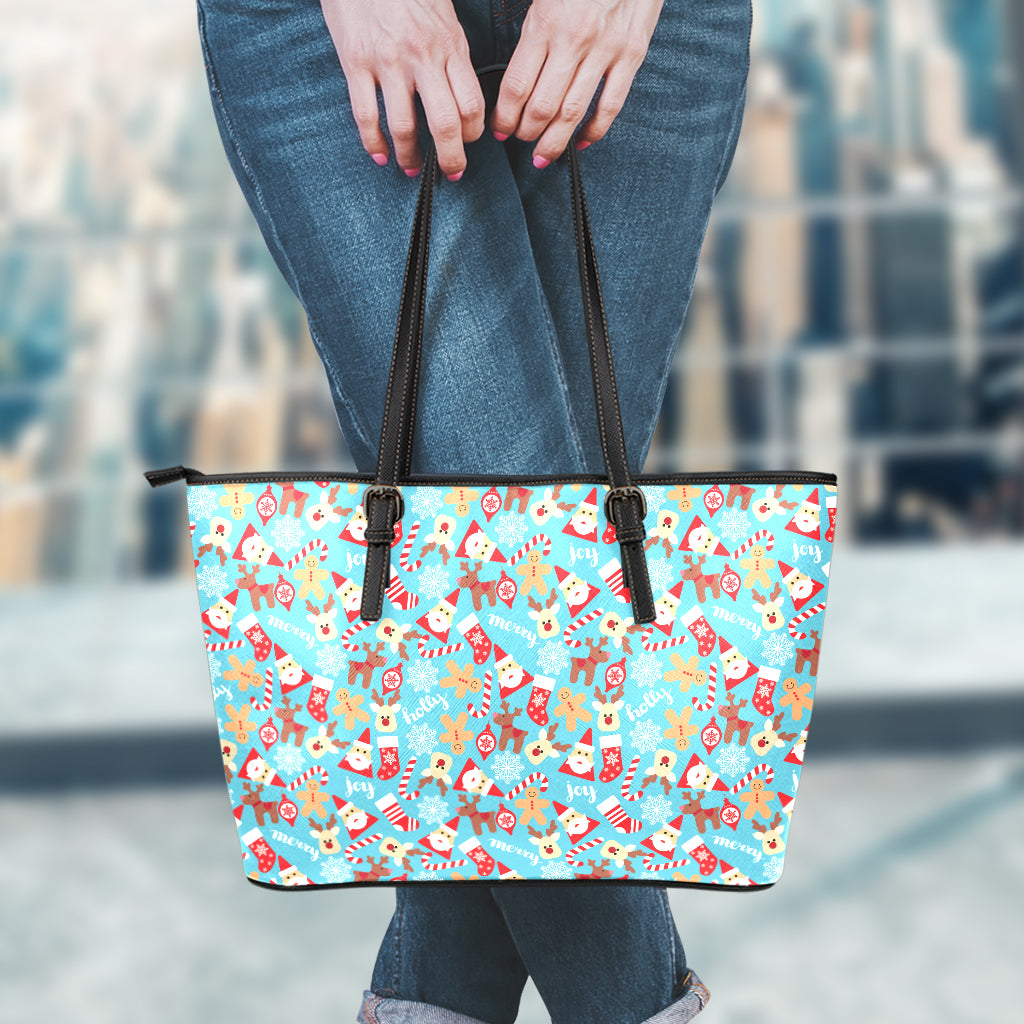 Cute Christmas Elements Pattern Print Leather Tote Bag