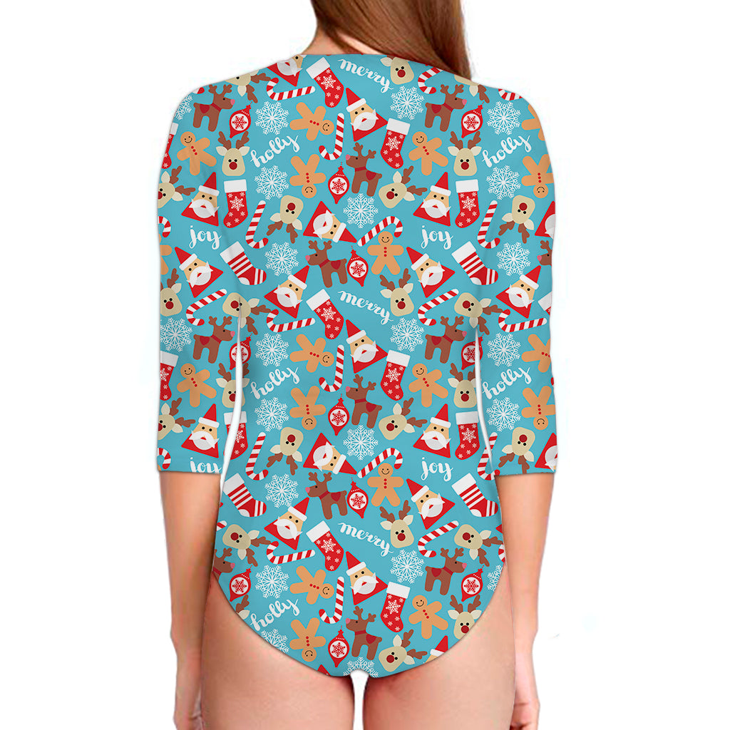 Cute Christmas Elements Pattern Print Long Sleeve Swimsuit