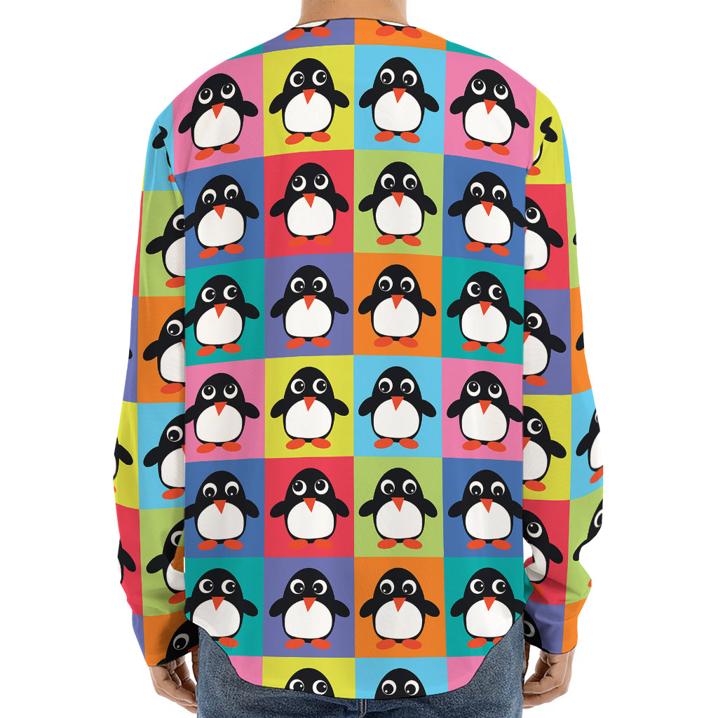 Cute Colorful Penguin Pattern Print Long Sleeve Baseball Jersey