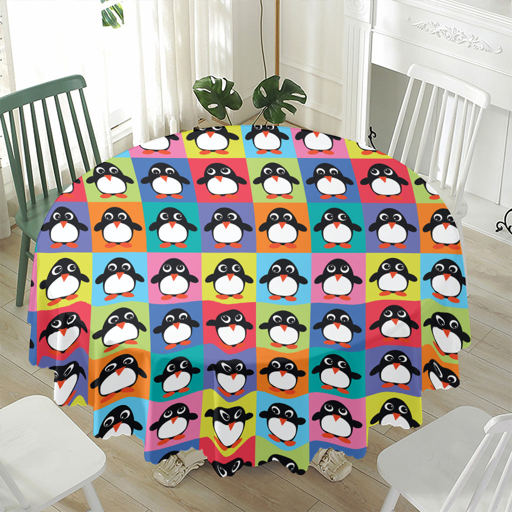 Cute Colorful Penguin Pattern Print Waterproof Round Tablecloth