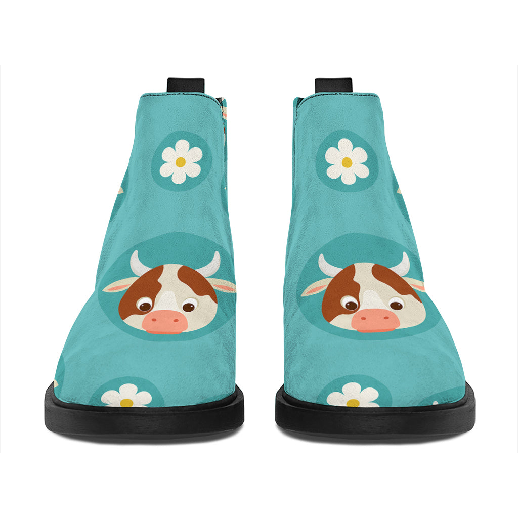 Cute Cow And Daisy Flower Pattern Print Flat Ankle Boots