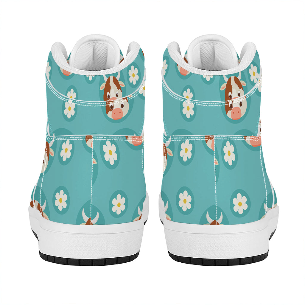Cute Cow And Daisy Flower Pattern Print High Top Leather Sneakers