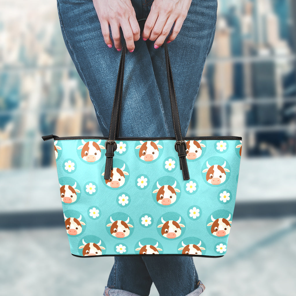 Cute Cow And Daisy Flower Pattern Print Leather Tote Bag