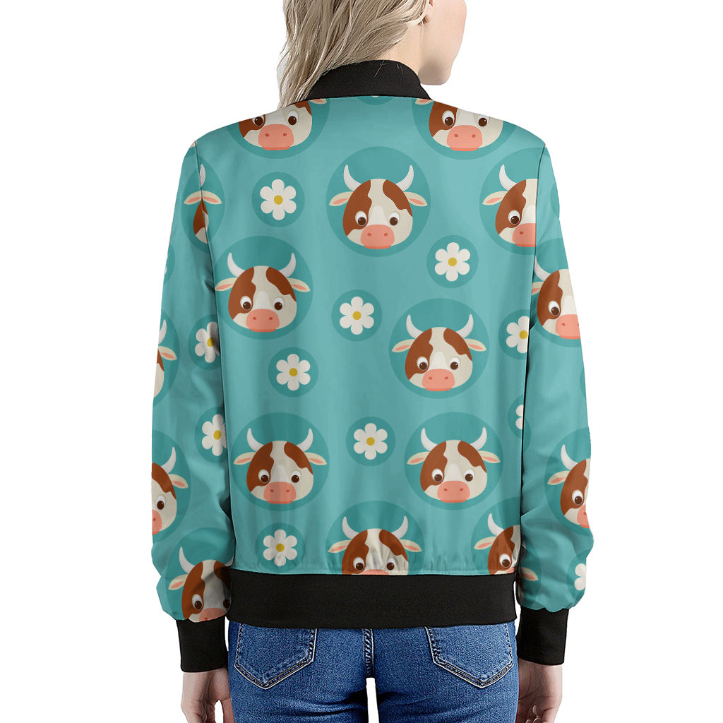 Cute Cow And Daisy Flower Pattern Print Women's Bomber Jacket
