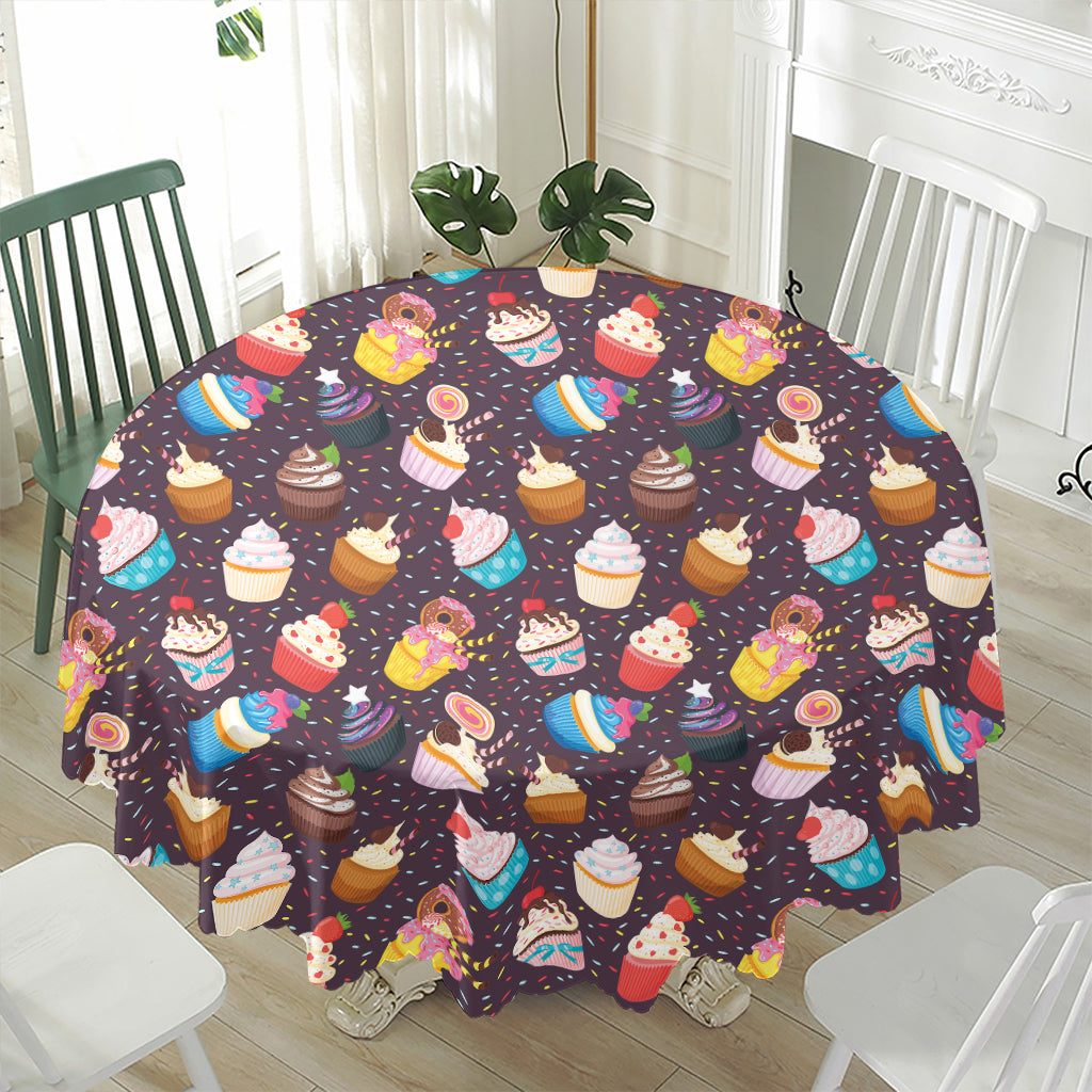 Cute Cupcake Pattern Print Waterproof Round Tablecloth