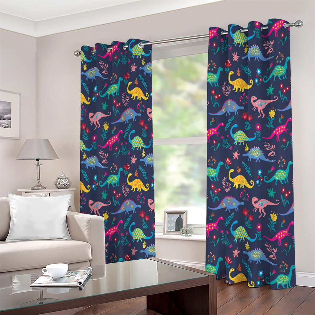 Cute Dino Floral Pattern Print Extra Wide Grommet Curtains