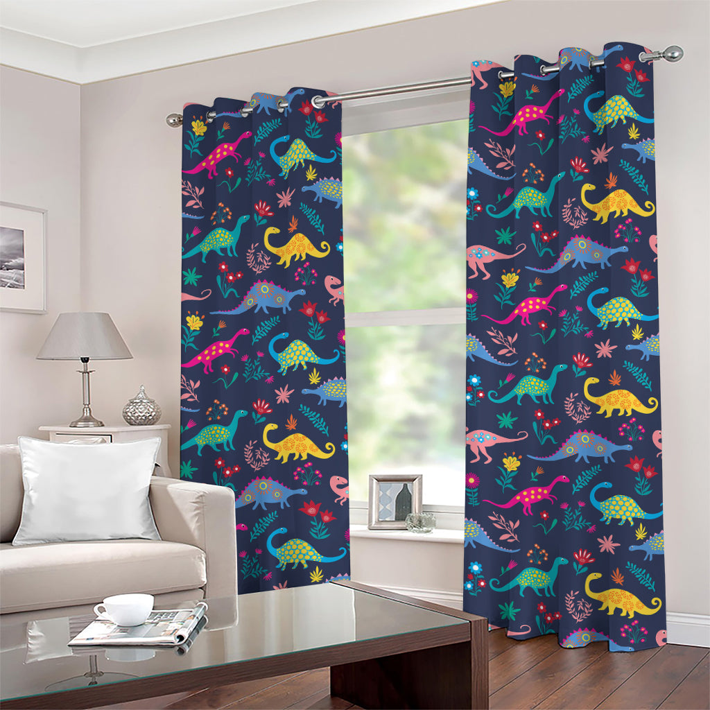 Cute Dino Floral Pattern Print Grommet Curtains