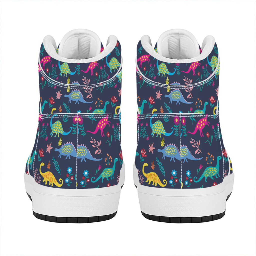 Cute Dino Floral Pattern Print High Top Leather Sneakers