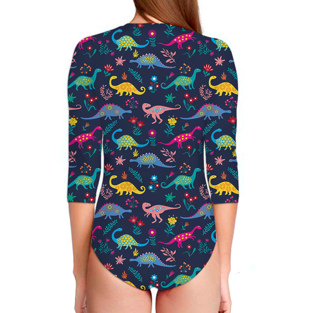 Cute Dino Floral Pattern Print Long Sleeve Swimsuit