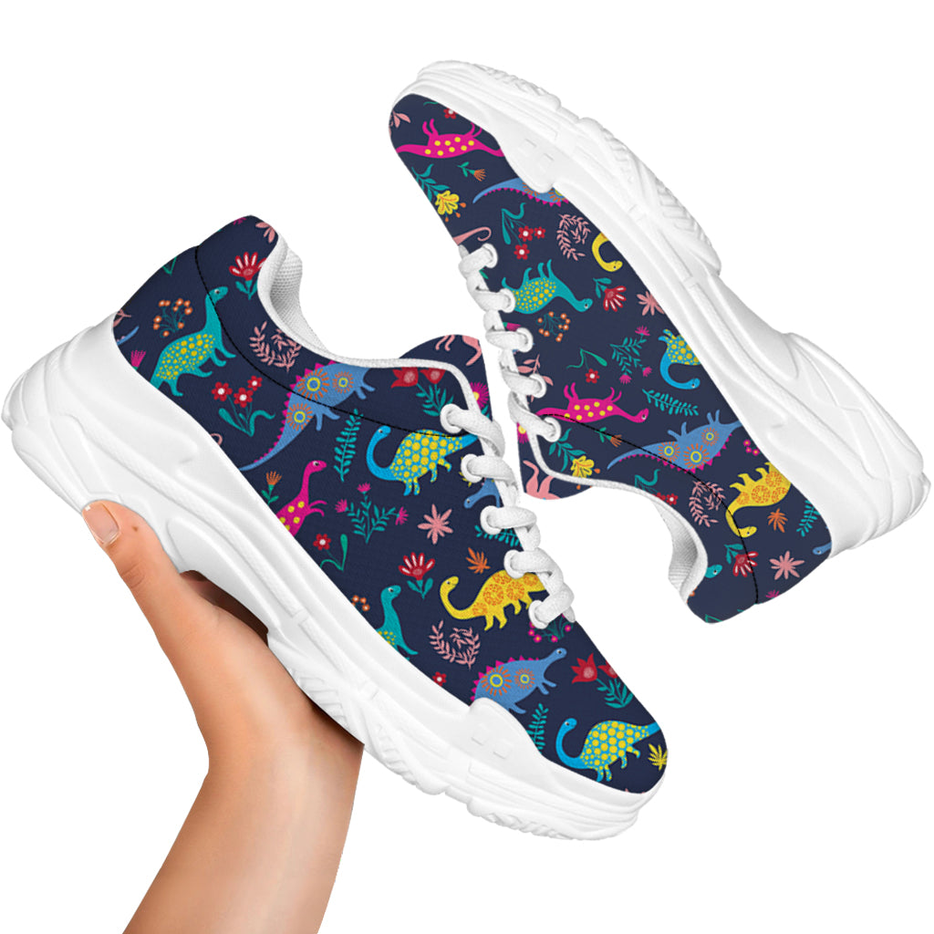 Cute Dino Floral Pattern Print White Chunky Shoes