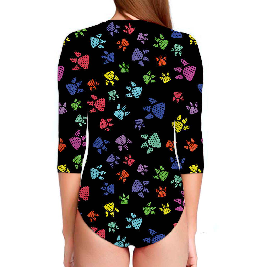 Cute Dino Footprint Pattern Print Long Sleeve Swimsuit