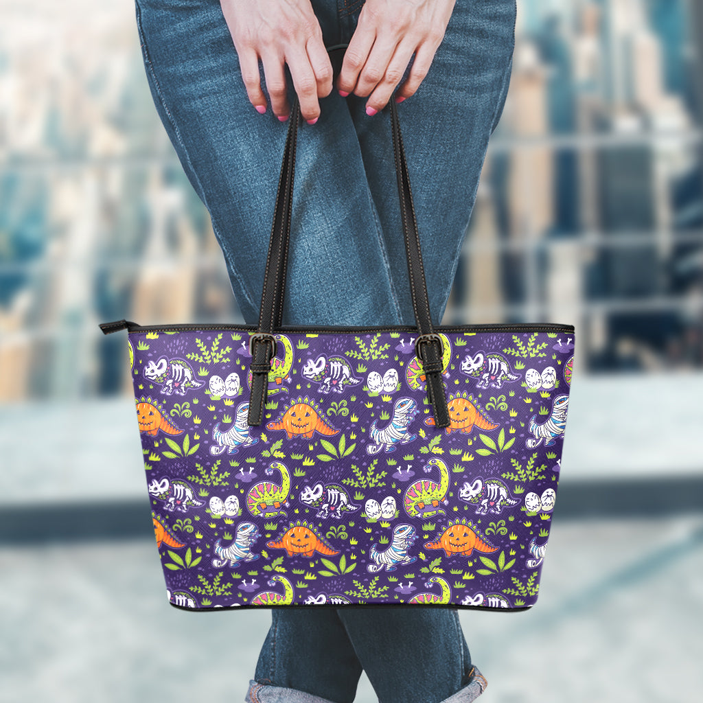 Cute Dino Halloween Pattern Print Leather Tote Bag