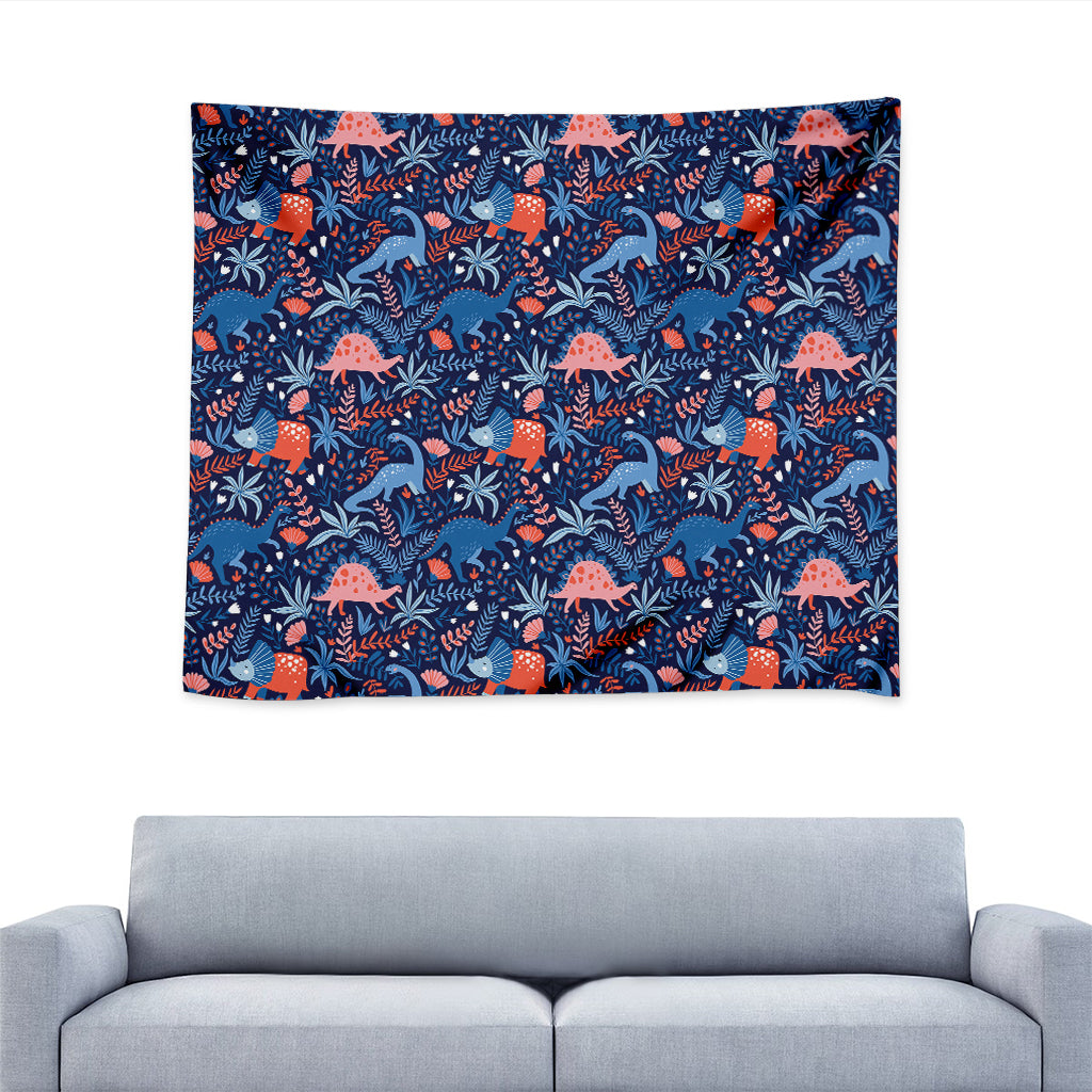 Cute Dino Leaves And Flowers Print Tapestry