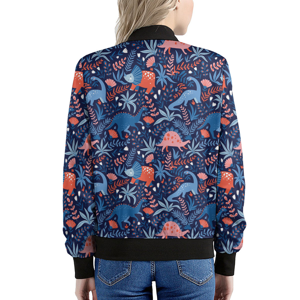 Cute Dino Leaves And Flowers Print Women's Bomber Jacket