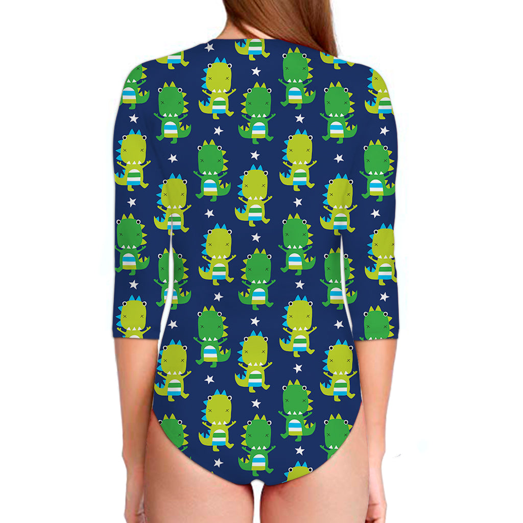 Cute Dino T-Rex Pattern Print Long Sleeve Swimsuit