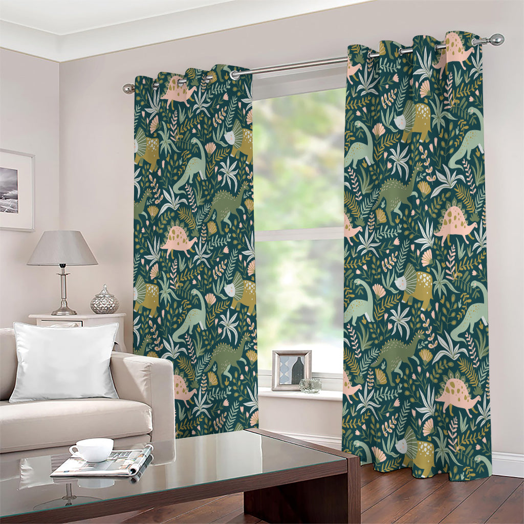 Cute Dino Tropical Leaves Pattern Print Extra Wide Grommet Curtains
