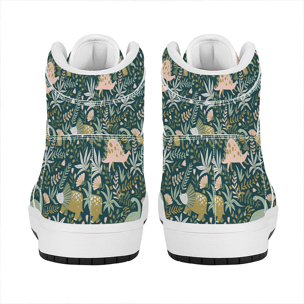 Cute Dino Tropical Leaves Pattern Print High Top Leather Sneakers