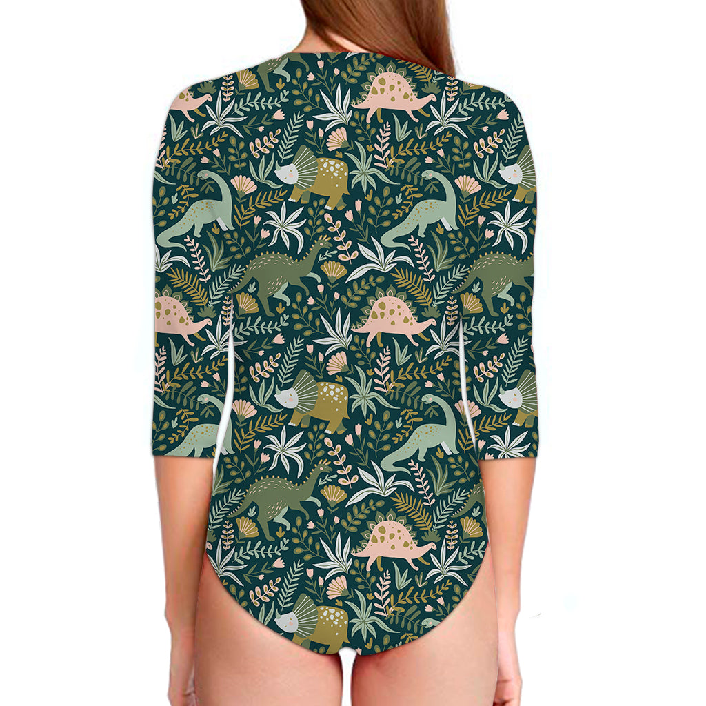 Cute Dino Tropical Leaves Pattern Print Long Sleeve Swimsuit