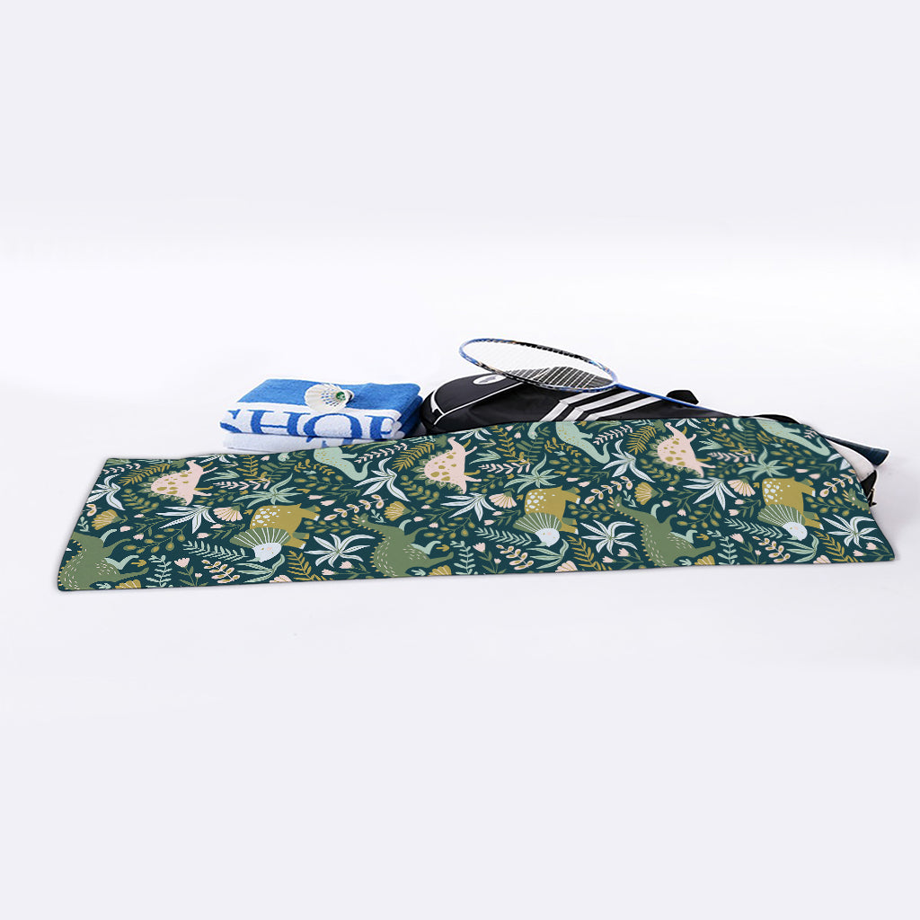 Cute Dino Tropical Leaves Pattern Print Sports Towel