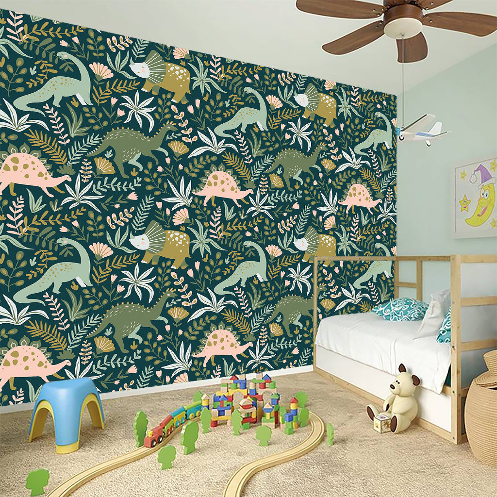 Cute Dino Tropical Leaves Pattern Print Wall Sticker