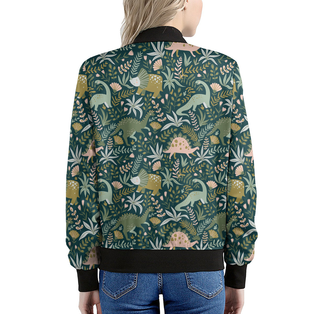 Cute Dino Tropical Leaves Pattern Print Women's Bomber Jacket