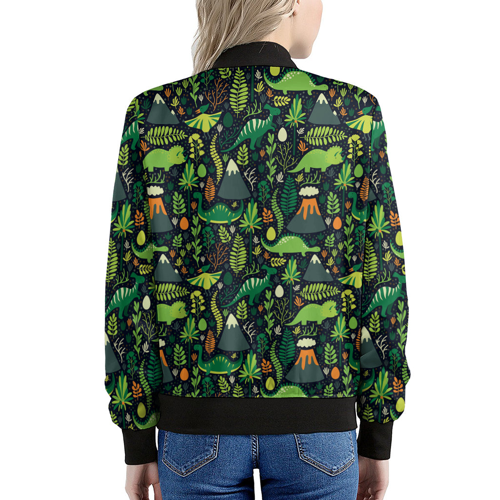 Cute Dinosaur And Floral Pattern Print Women's Bomber Jacket