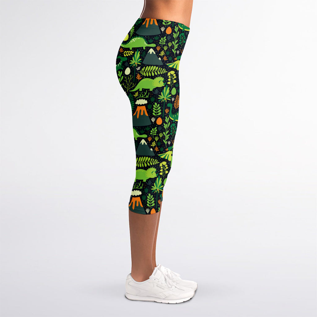 Cute Dinosaur And Floral Pattern Print Women's Capri Leggings