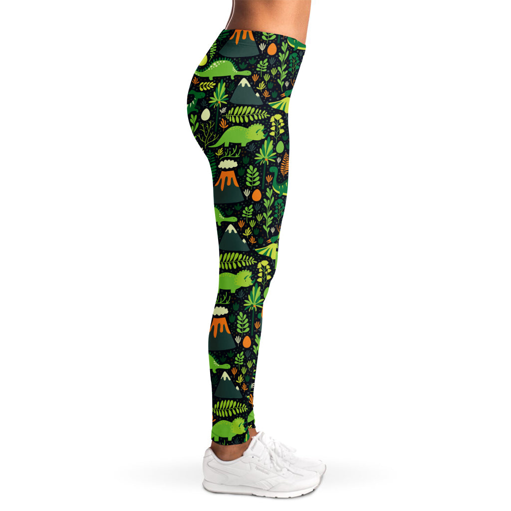 Cute Dinosaur And Floral Pattern Print Women's Leggings