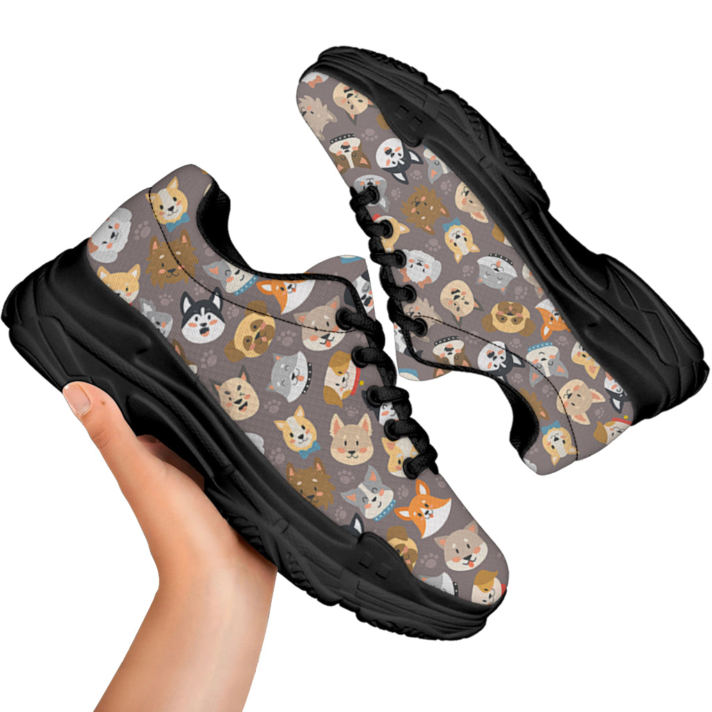 Cute Dog Emoji Pattern Print Black Chunky Shoes