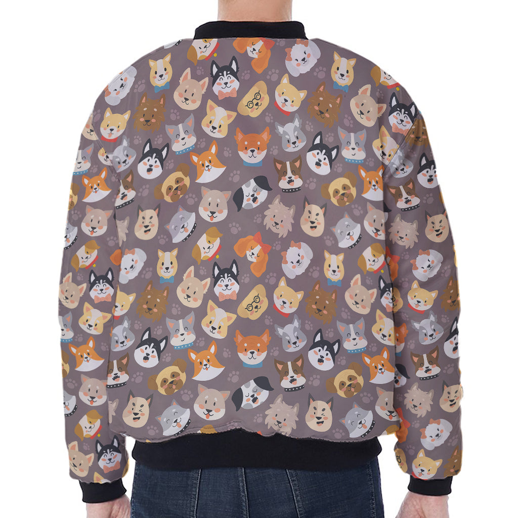 Cute Dog Emoji Pattern Print Zip Sleeve Bomber Jacket