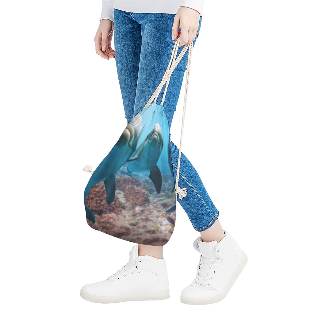 Cute Dolphins In The Ocean Print Drawstring Bag