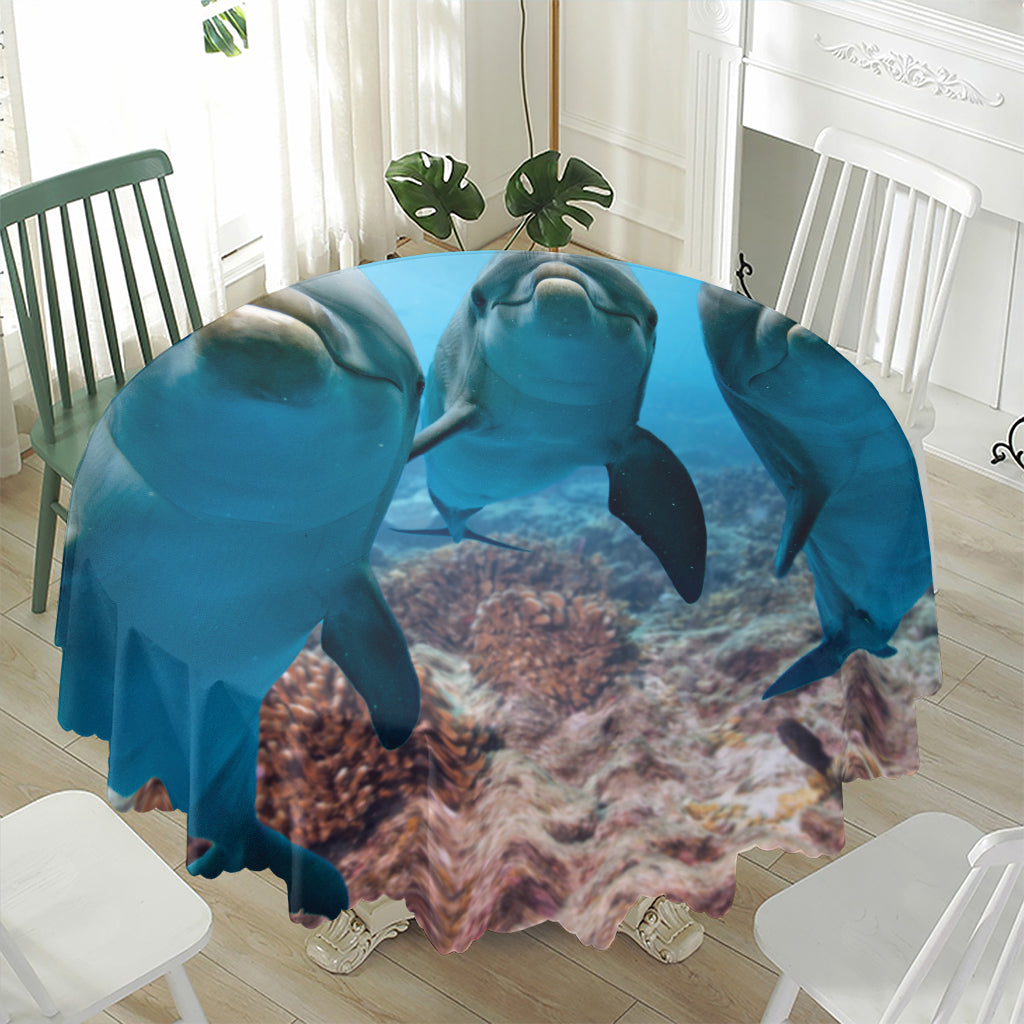 Cute Dolphins In The Ocean Print Waterproof Round Tablecloth