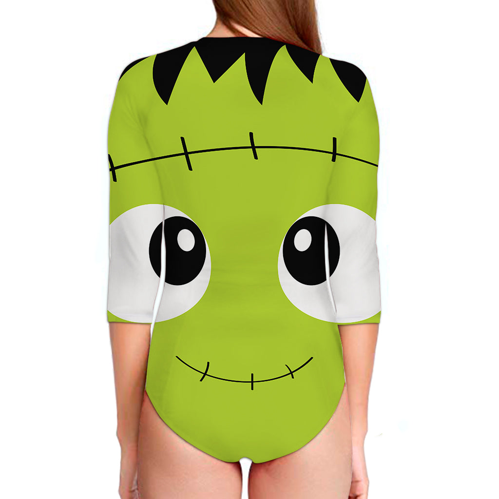 Cute Frankenstein Face Print Long Sleeve Swimsuit