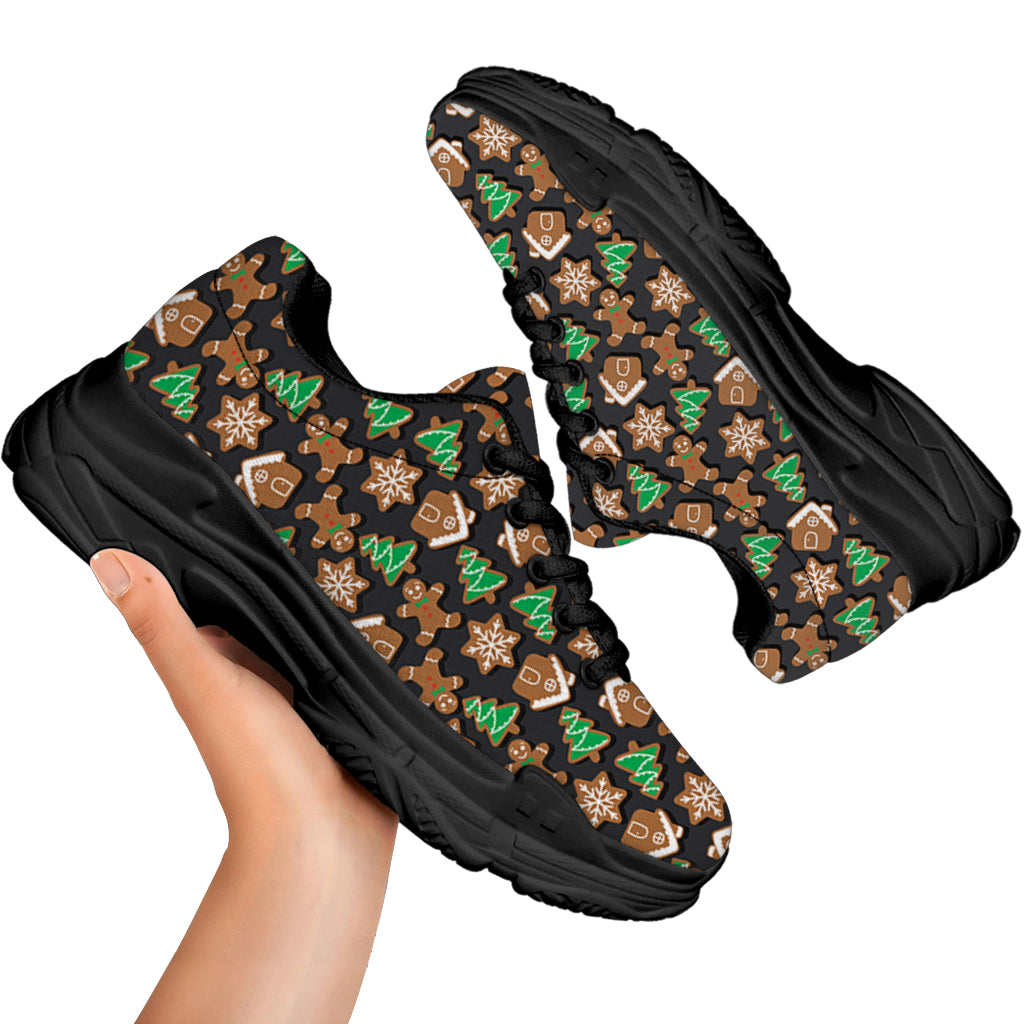 Cute Gingerbread Pattern Print Black Chunky Shoes