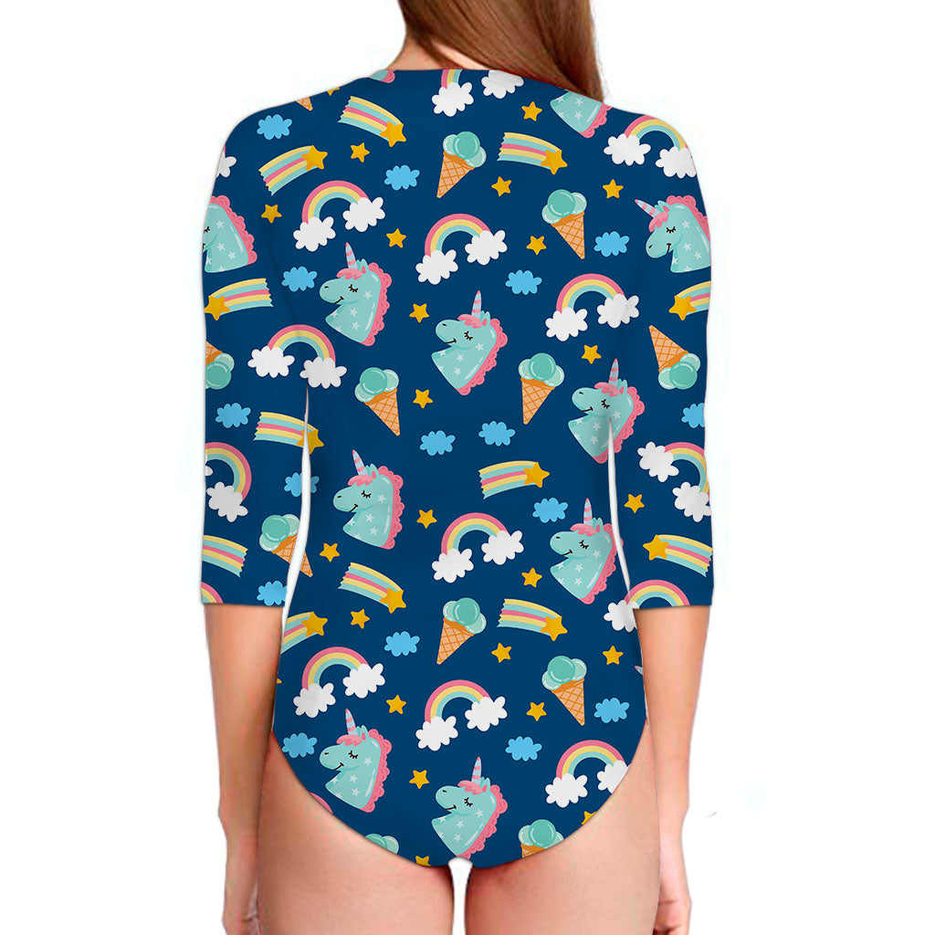Cute Girly Unicorn Pattern Print Long Sleeve Swimsuit