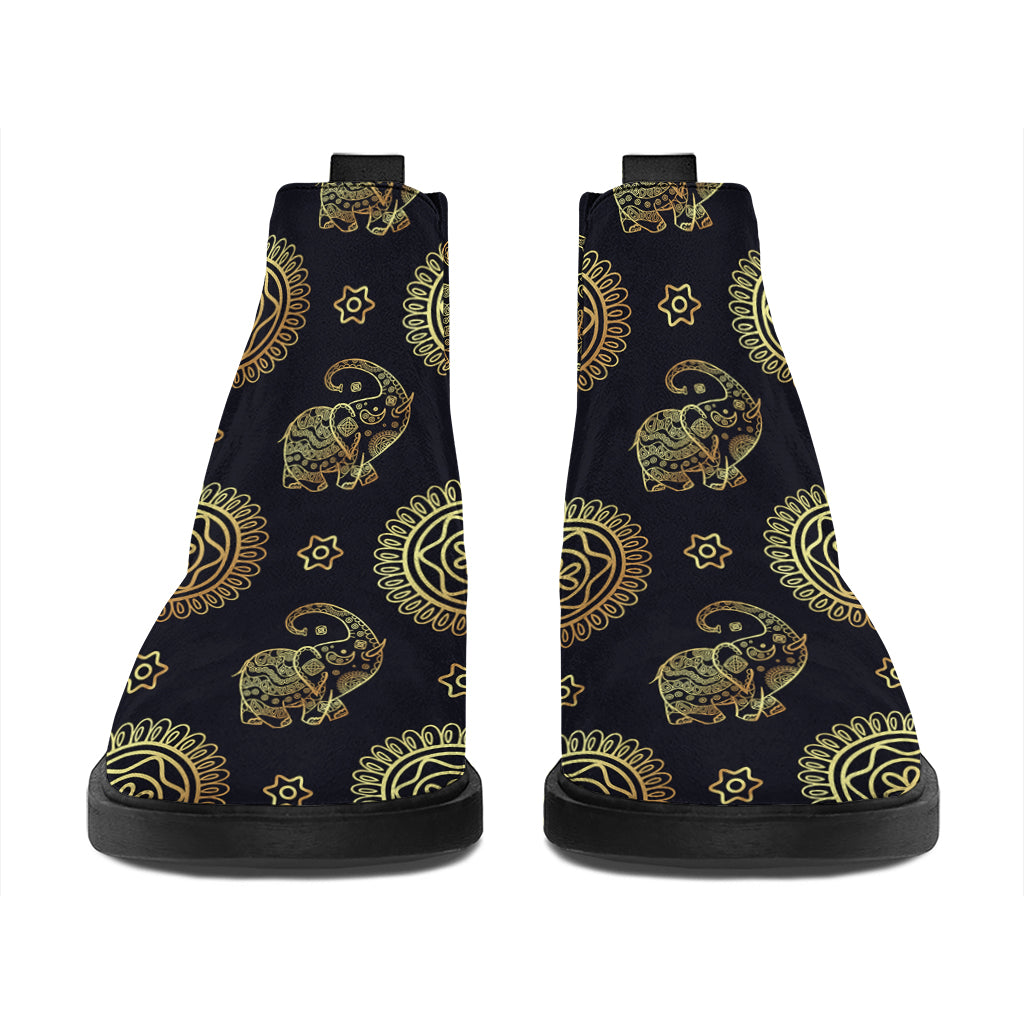 Cute Gold Boho Elephant Pattern Print Flat Ankle Boots