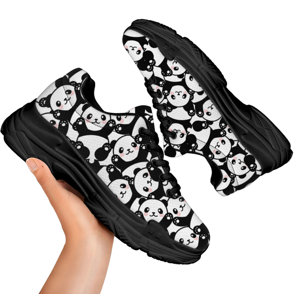 Cute Happy Panda Pattern Print Black Chunky Shoes