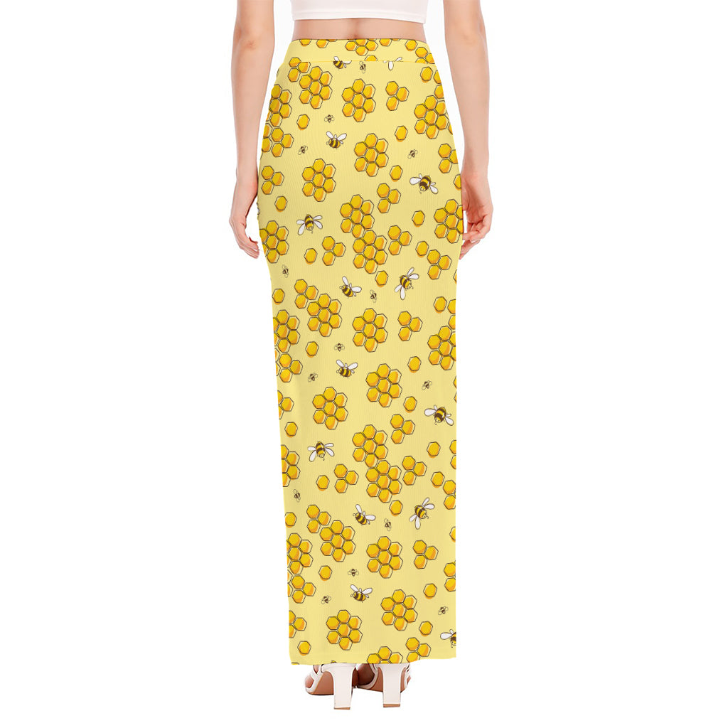 Cute Honey Bee Pattern Print High Slit Maxi Skirt