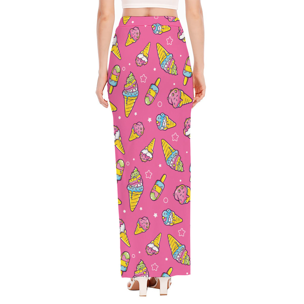 Cute Ice Cream Pattern Print High Slit Maxi Skirt