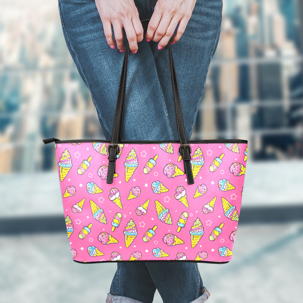 Cute Ice Cream Pattern Print Leather Tote Bag