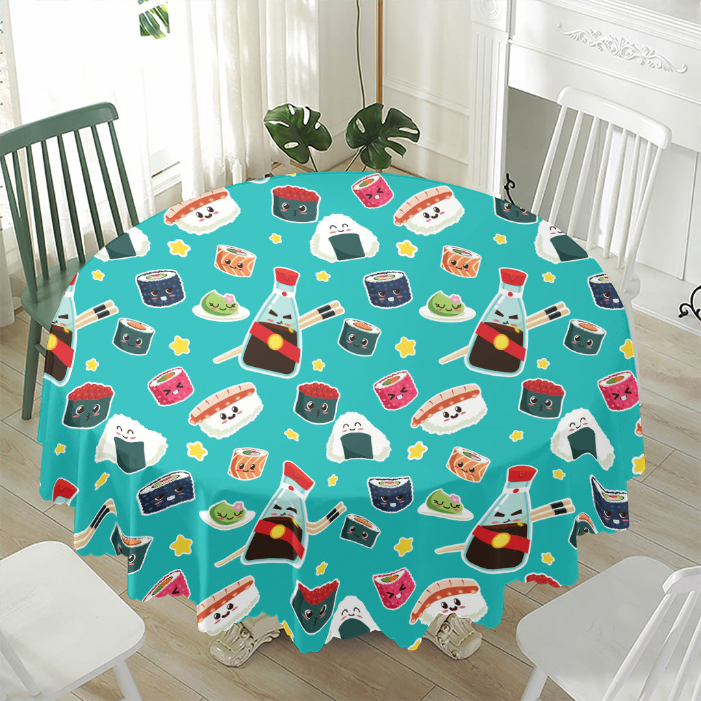 Cute Japanese Sushi Pattern Print Waterproof Round Tablecloth