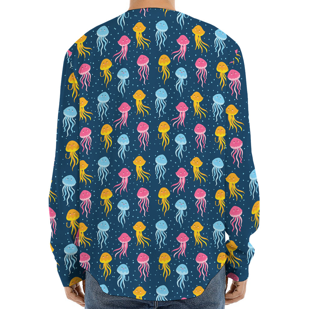 Cute Jellyfish Pattern Print Long Sleeve Baseball Jersey