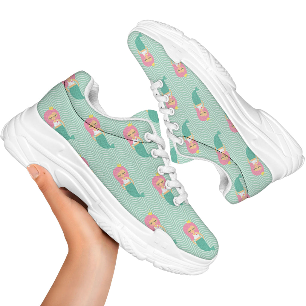 Cute Mermaid Pattern Print White Chunky Shoes