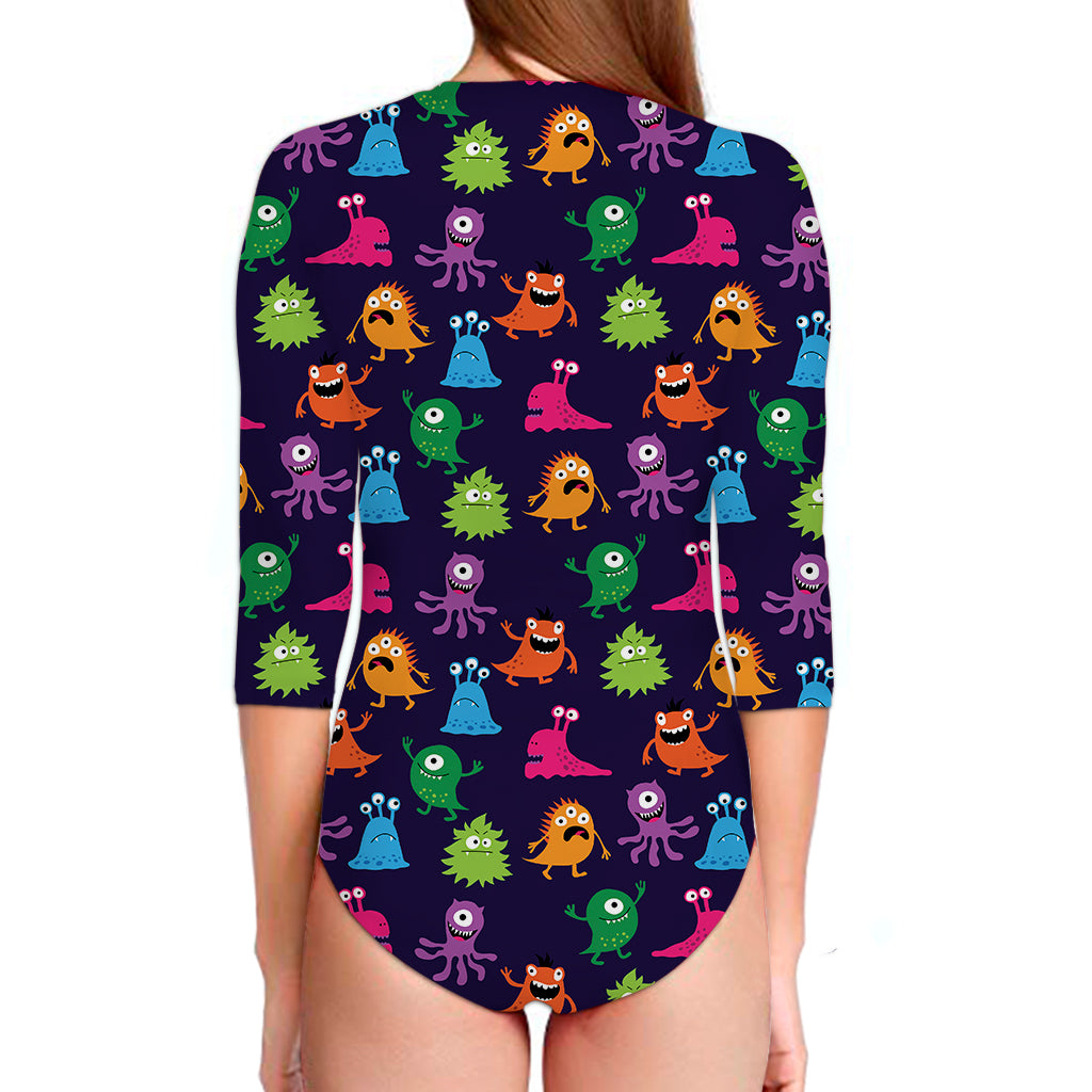Cute Monster Pattern Print Long Sleeve Swimsuit