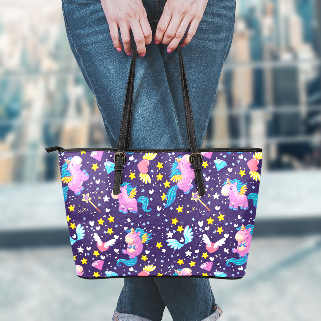 Cute Night Star Unicorn Pattern Print Leather Tote Bag