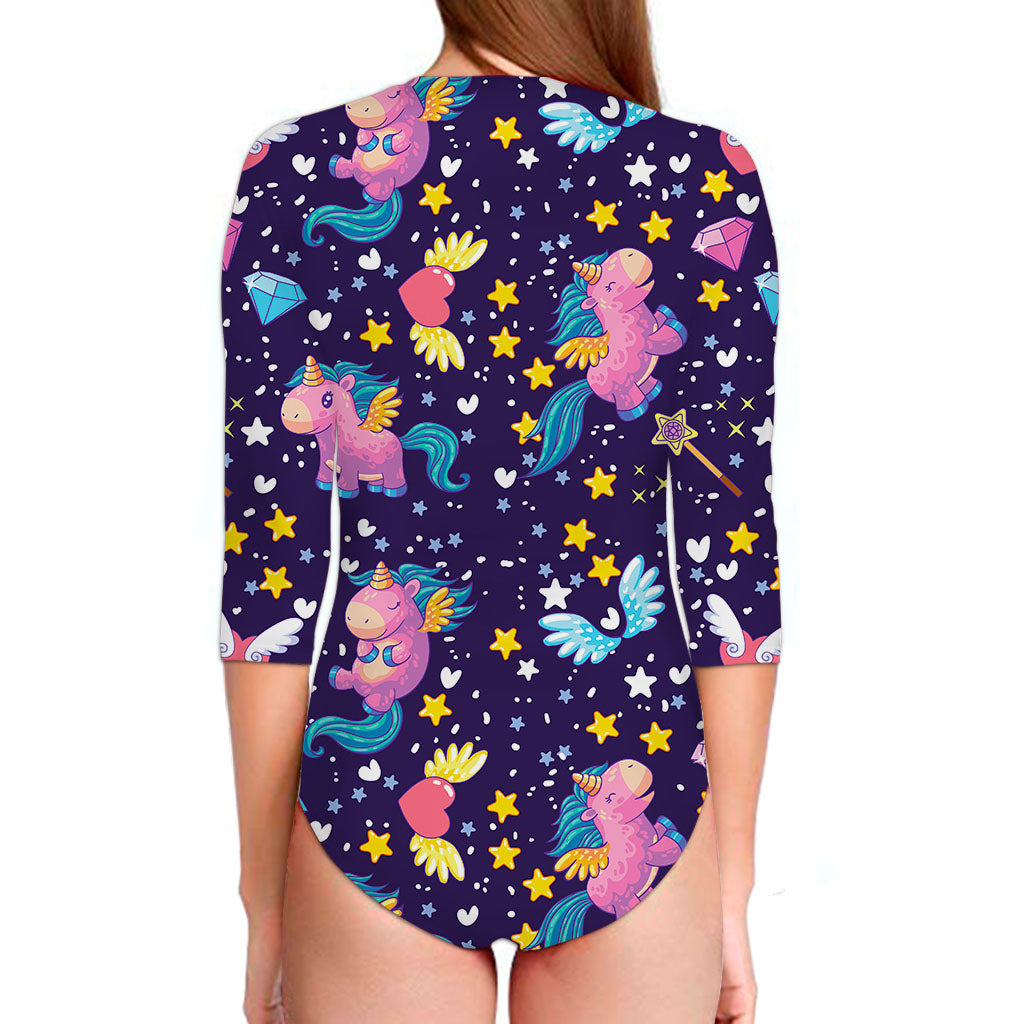 Cute Night Star Unicorn Pattern Print Long Sleeve Swimsuit