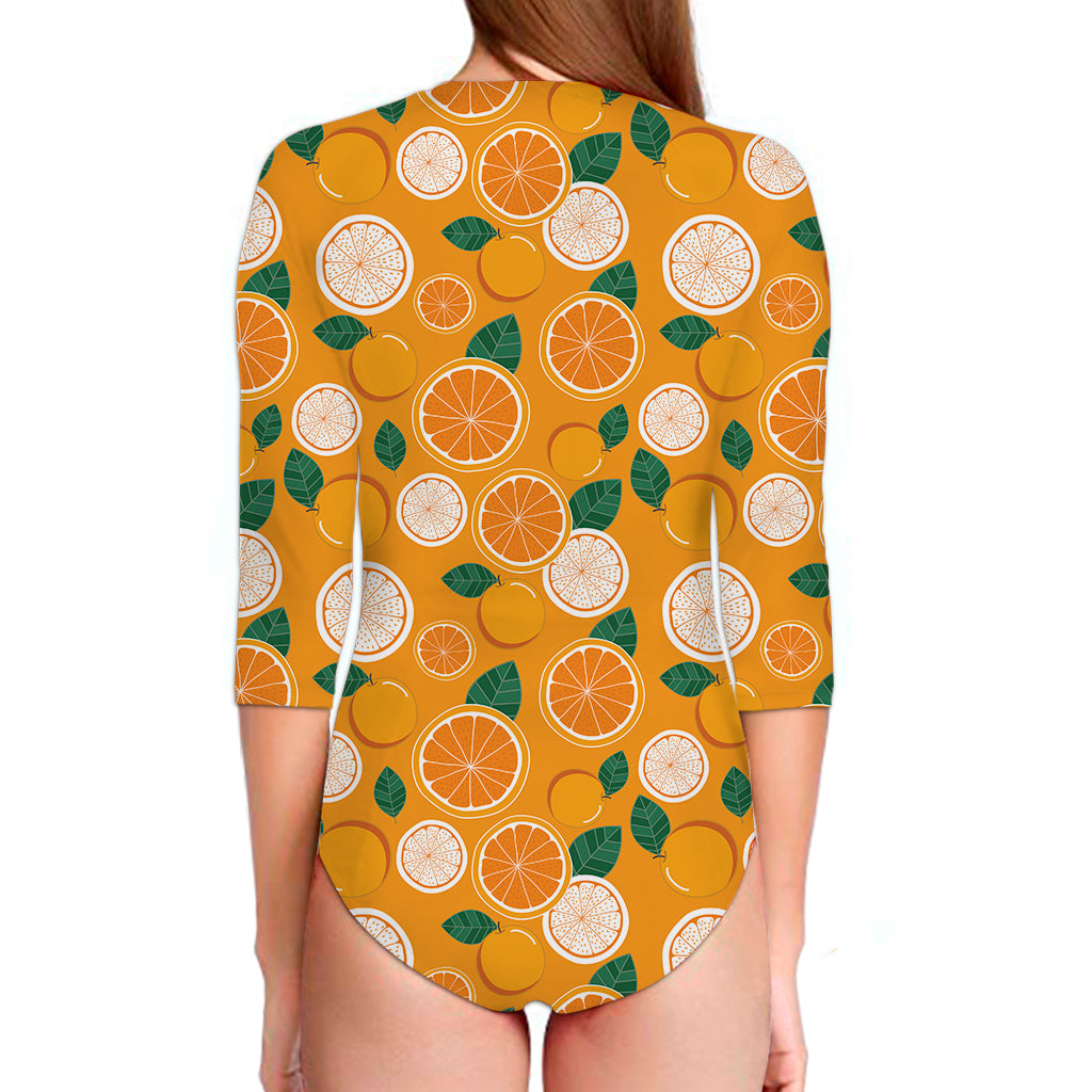 Cute Orange Fruit Pattern Print Long Sleeve Swimsuit