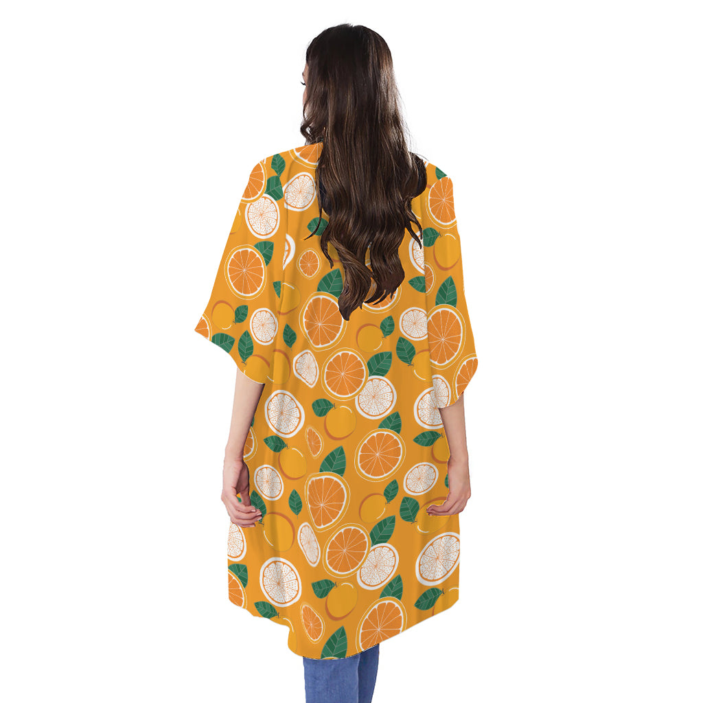 Cute Orange Fruit Pattern Print Open Front Beach Cover Up